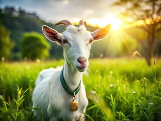 Obraz premium Aerial view: a lone white goat, collar adorned, grazes in summer pasture. Ample copy space.