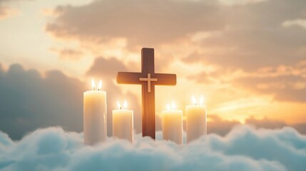 Glowing candles, cross stand on soft clouds in sky. Symbolic illustration for Souls Day. Represents eternal rest, remembrance. Calm evening light evokes peace, serenity. Cloud background heaven.