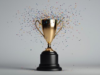 Golden trophy surrounded by confetti. Celebratory moment. Success achievement award. Victory in competition. Winning moment. Party event. Winner receives prize. Joyful celebration. Outstanding