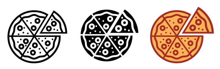 Pepperoni pizza slices and whole pizza icon collection on white background. Pizza slices. Iconic cheese and mushroom pizza slice. Fast food icon set.  pesto pizza, pepperoni pizza, vegetable.