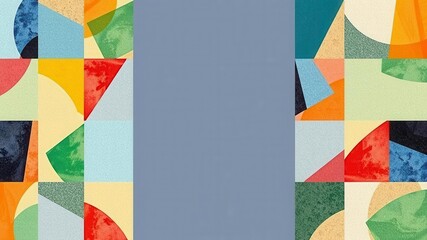 A visually appealing collage layout featuring a variety of geometric shapes and vibrant colors, pattern, composition