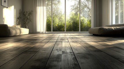 Sunlit minimalist living room with hardwood floor.