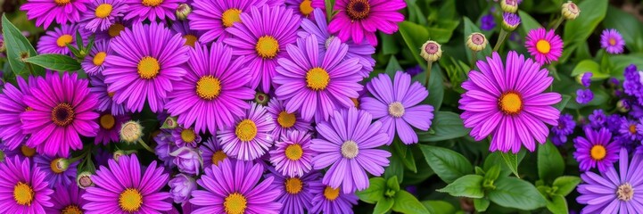 Obraz premium Close up shot of vibrant purple flower petals and green leaves, florals, purple, garden