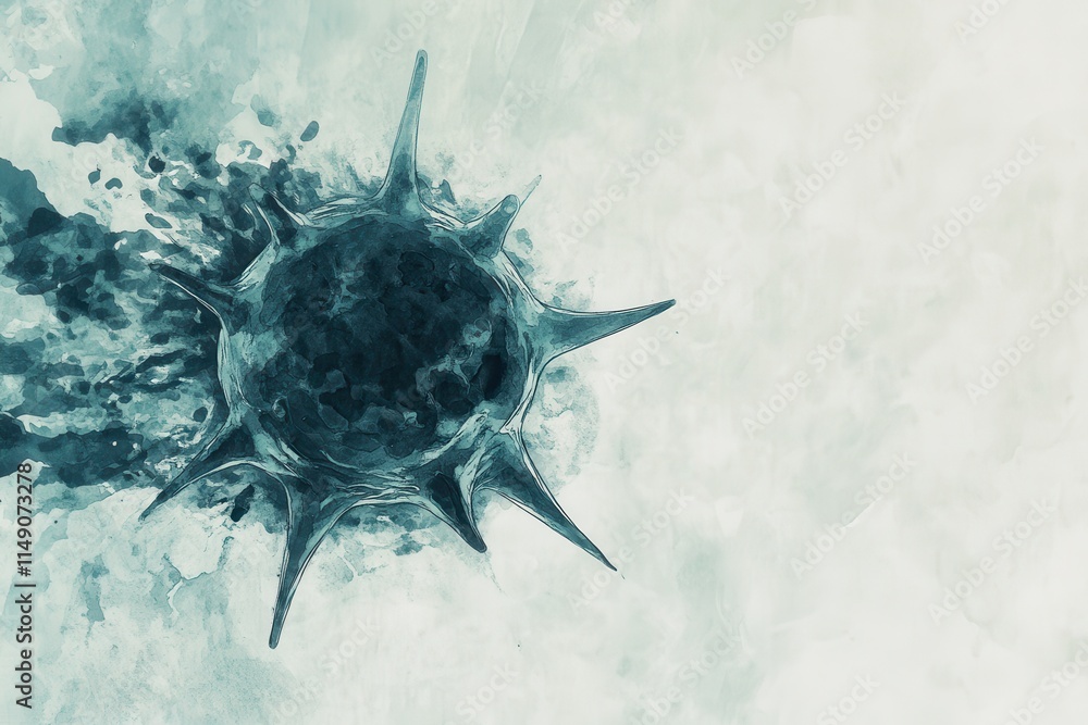 Poster artistic interpretation of a virus binding to a cell in watercolor style, featuring soft colors and 