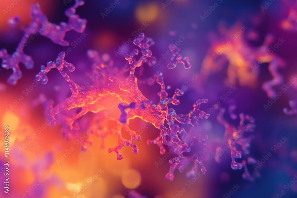 Poster abstract digital art depicting virus binding to cells in watercolor style with soft colors and ambie
