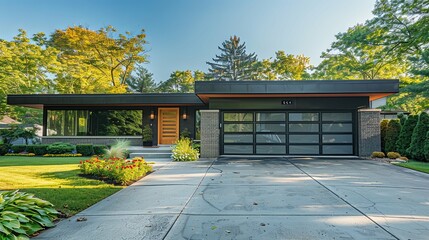 Fototapeta premium Modern Ranch House with Dark Exterior and Landscaped Lawn