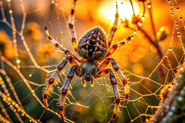 Fototapeta premium A hairy field spider's intricate web traps its summer evening prey.