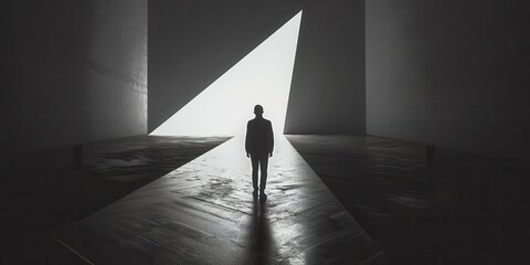 A figure stands in a stark, minimalistic space with a bright triangular light source.