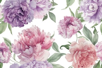 A floral arrangement featuring soft, pastel-colored peonies and leaves on a white background.