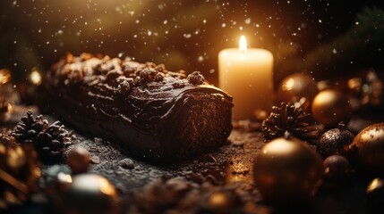 Chocolate Yule log cake with candle and ornaments.
