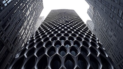 Low-angle view of a modern skyscraper with a unique honeycomb facade between two older buildings.