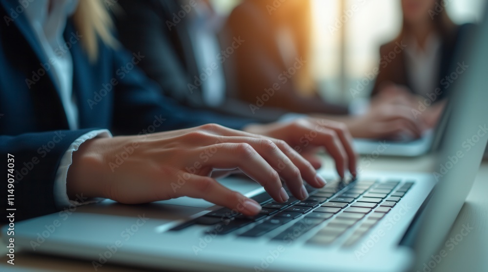 Poster close up view of business people typing on computer laptop while working with her team
