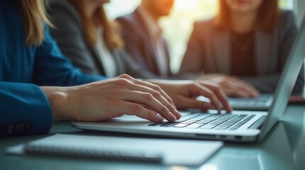 Close Up View Of Business People Typing On Computer Laptop While Working With Her Team
