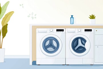 Modern white washer, dryer set in minimalist home interior. Laundry room scene shows space-saving appliances. Clean lines, modern design, ideal for contemporary home. Simple layout with countertop.