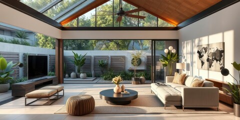 Luxurious modern interior seamlessly blending with a beautiful outdoor garden, decor, luxury, contemporary