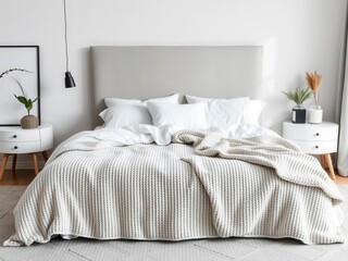 Minimalistic scandinavian bedroom interior with a large king size bed adorned with neutral colored bedding and a cozy knit throw blanket, king size bed, interior