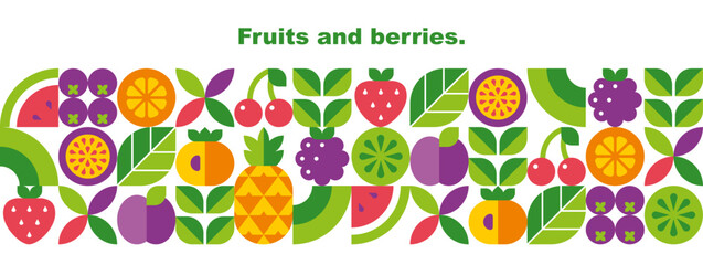 Fruits, berries, leaves and slices.Abstract geometric background. Banner template. Set of vector icons in simple flat style. Seamless border. Isolated elements. 