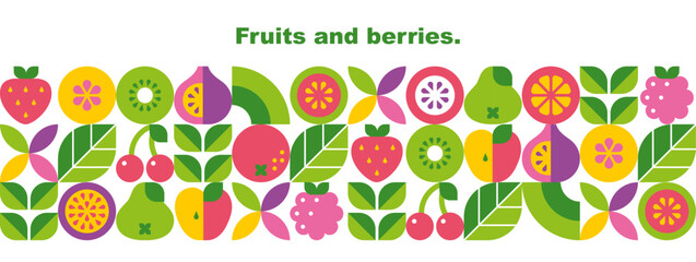 Fruits, berries, leaves and slices.Abstract geometric background. Banner template. Set of vector icons in simple flat style. Seamless border. Isolated elements. 