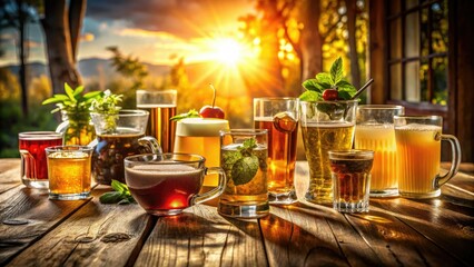 A panoramic tableau of colorful drinks: coffee, juices, and more, in various glasses and cups.
