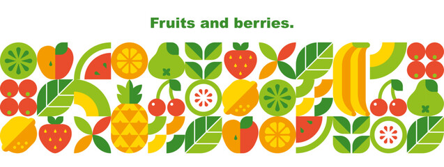 Fruits, berries, leaves and slices.Abstract geometric background. Banner template. Set of vector icons in simple flat style. Seamless border. Isolated elements. 