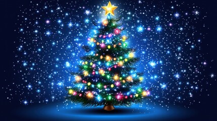 A brightly lit Christmas tree adorned with colorful lights and a gold star, set against a backdrop of sparkling snow and a deep blue night sky.