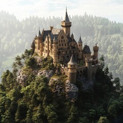 Obraz premium A castle standing tall on a hill surrounded by a lush forest.