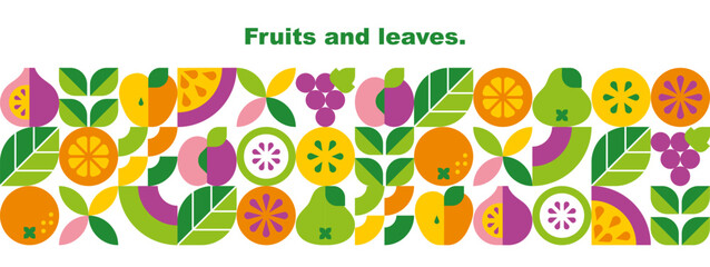 Fruits, berries, leaves and slices.Abstract geometric background. Banner template. Set of vector icons in simple flat style. Seamless border. Isolated elements. 