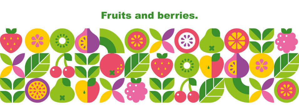 Fruits, berries, leaves and slices.Abstract geometric background. Banner template. Set of vector icons in simple flat style. Seamless border. Isolated elements. 