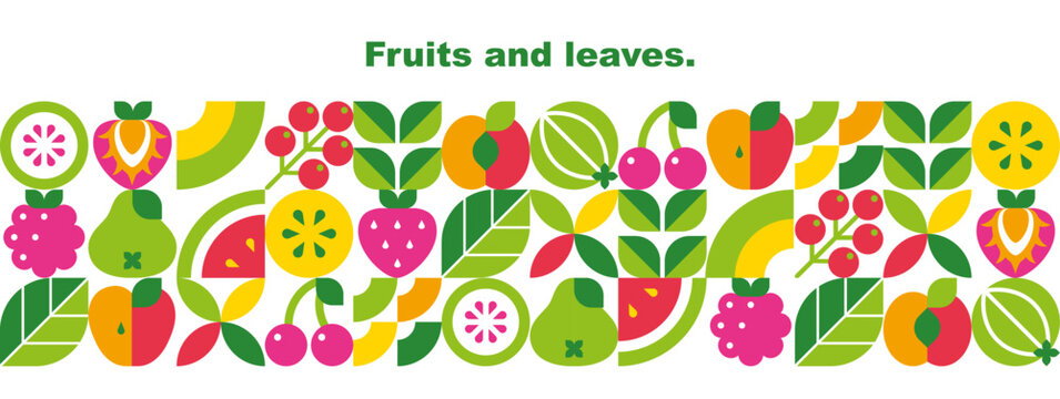 Fruits, berries, leaves and slices.Abstract geometric background. Banner template. Set of vector icons in simple flat style. Seamless border. Isolated elements. 