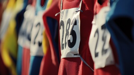 Close-up of race bibs on colorful running vests.