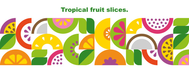 Fototapeta premium Tropical fruits, leaves and slices. Abstract geometric background. Banner template. Set of vector icons in simple flat style. Seamless border. Isolated elements. 