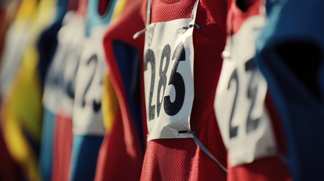 Close-up of race bibs on colorful running vests.