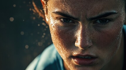 Close-up portrait of a determined, sweaty female athlete.