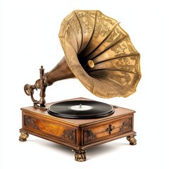 A vintage gramophone, isolated on a white background.