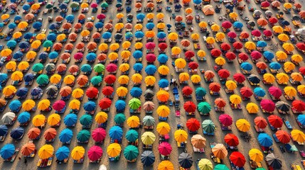 Fototapeta premium Colorful beach umbrellas arranged in rows on sandy beach, aerial view.