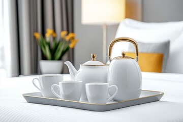 Fototapeta premium Hotel room service offering tea with beautiful porcelain tea set and blooming sakura branch