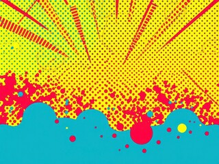 Vibrant, colorful pop art image effect featuring comic book style halftone dots and bold outlines,...