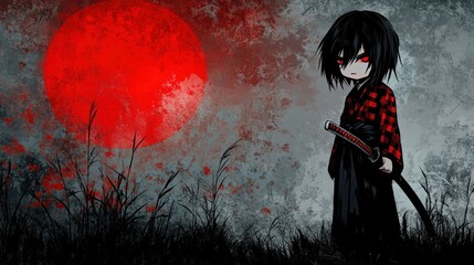 Young Samurai Under the Crimson Moon: A captivating depiction of a young, determined samurai standing against a backdrop of a vibrant red moon, emanating an aura of power and mystery.