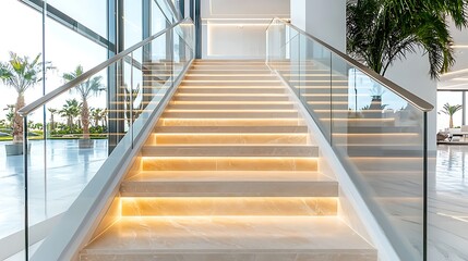 Obraz premium Modern interior staircase with glass railings and LED lighting.