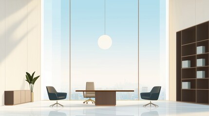 Modern law office with sleek furniture and a large window. Natural light floods the spacious room. A conference table and chairs are visible. City view is outside the window.