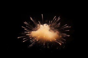 Golden fireworks burst in night sky. Explosion of bright light, sparks against black background. Spectacular pyrotechnic display. Festive, celebratory. Perfect for holiday greetings