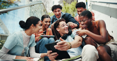 Students, laughing and tech on stairs at campus, wow and share meme with diversity from low angle...