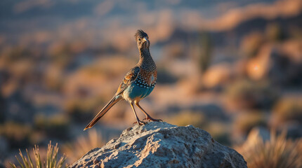 Alert Roadrunner Poised on Desert Rock in Golden Light
