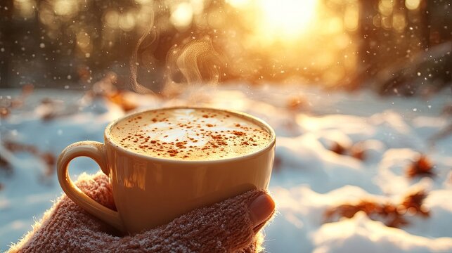 Health, well-being, and natural solutions idea, Comfort and relaxation are evoked by the image of a warm cup of coffee in a hand against a warm winter background.