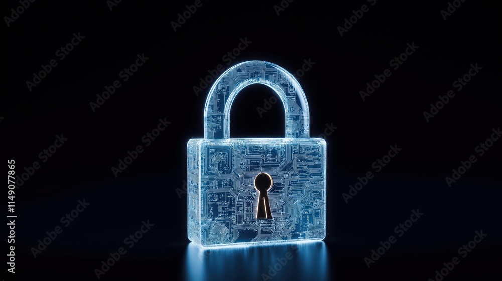 Poster transparent padlock glows in dark. digital tech security concept. modern illustration. 3d object. bl