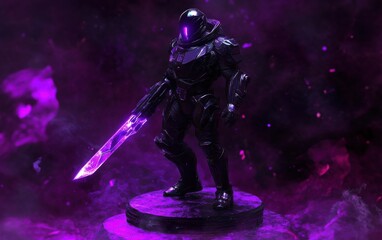 Fototapeta premium A 3D design of a bio-enhanced soldier with a retractable energy blade and heavy armor, standing on a pedestal in an abstract dark purple space. 