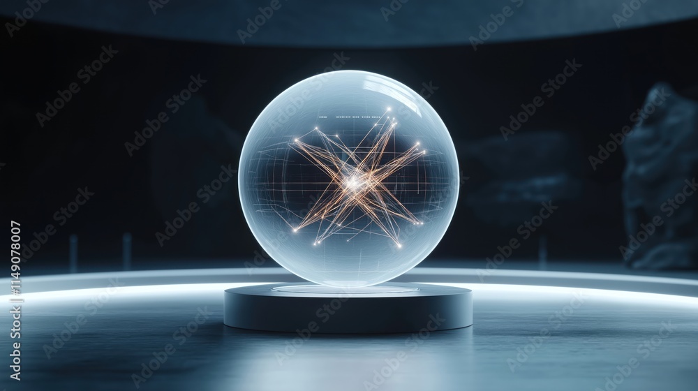 Poster futuristic lab displays interactive digital models of quantum entanglement, particle interactions. t