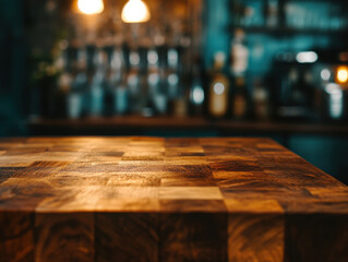 empty rustic wooden table top in restaurant with blurred night lights background