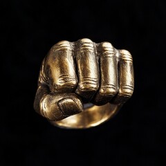 Brass fist shaped ring with detailed textures on black background