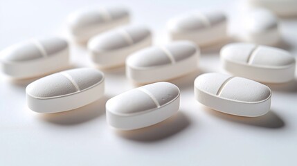 Close-up view of several pristine white oblong pills on minimalist white background. Modern medicine, healthcare concept. Photo suitable for wellness articles drugstore product catalogs. Pills in